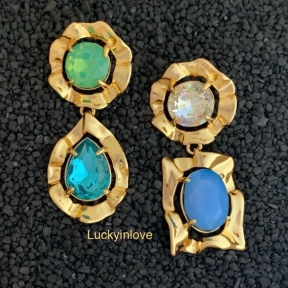 ALEXIS BITTAR• Gold Crystal Rainbow Blue Antiquities Mismatched Ruffled Earrings - Picture 8 of 10